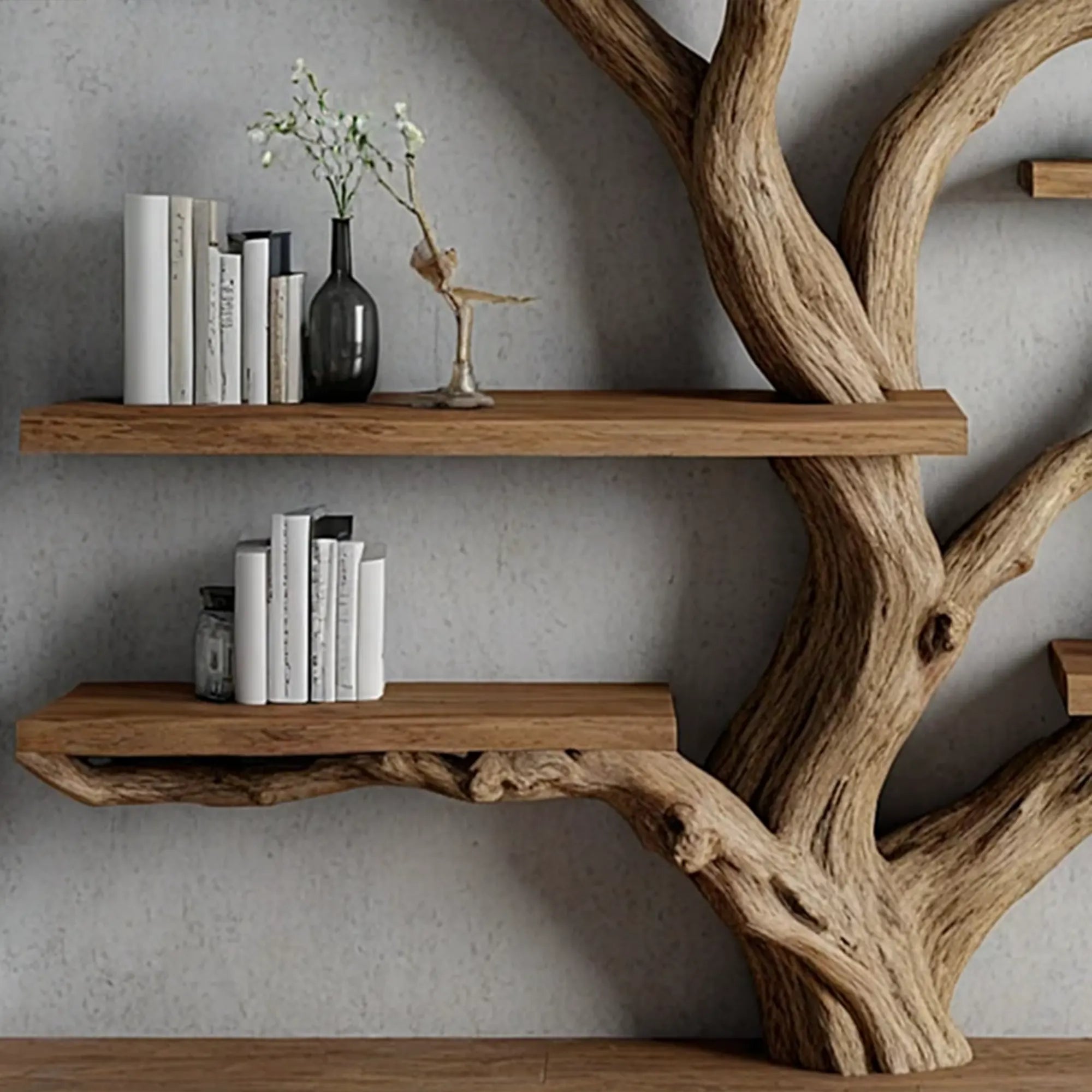 Tree branch floating shelf solid wood live edge floating corner wall shelf unique bookcase home decor.